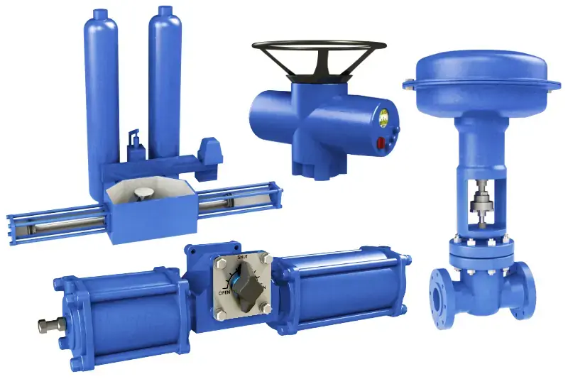 Various industrial valve actuators, including pneumatic and hydraulic types, used for precise flow control in automation and process systems.