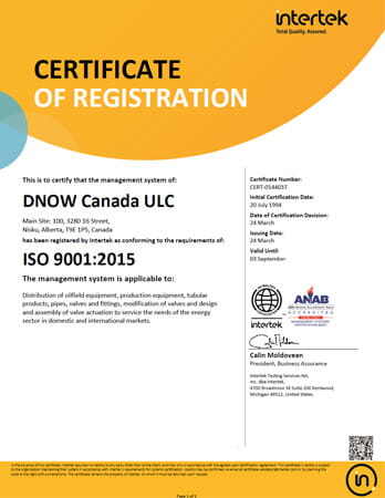 Certificate to ISO 9001:2015 standards for Nisku, AB